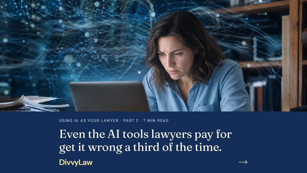 Woman at her laptop surrounded by papers, with a glowing AI network behind her. Even the AI tools lawyers pay for get it wrong a third of the time.
