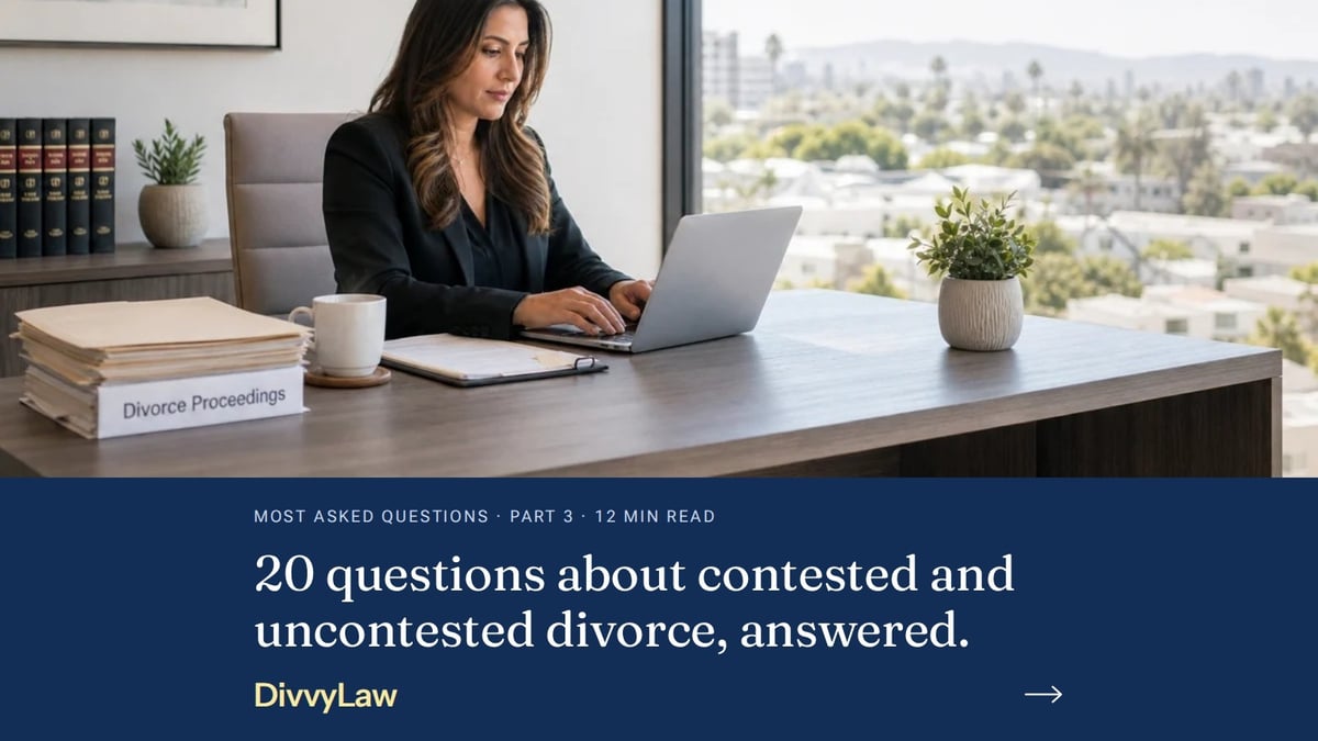 Woman working at her laptop in a bright office. 20 questions about contested and uncontested divorce, answered.